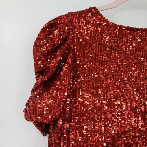 Rachel Zoe Sequin Puff Sleeve Top Womens Small Copper Rust - Picture 3 of 9